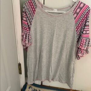 Sew In Love Boxy Gray and Pink Ruffled Tee